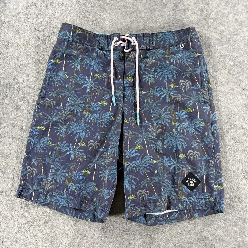 American‎ Eagle Board Shorts Men’s Small Blue Palm Tree Drawstring Beach 9.5”